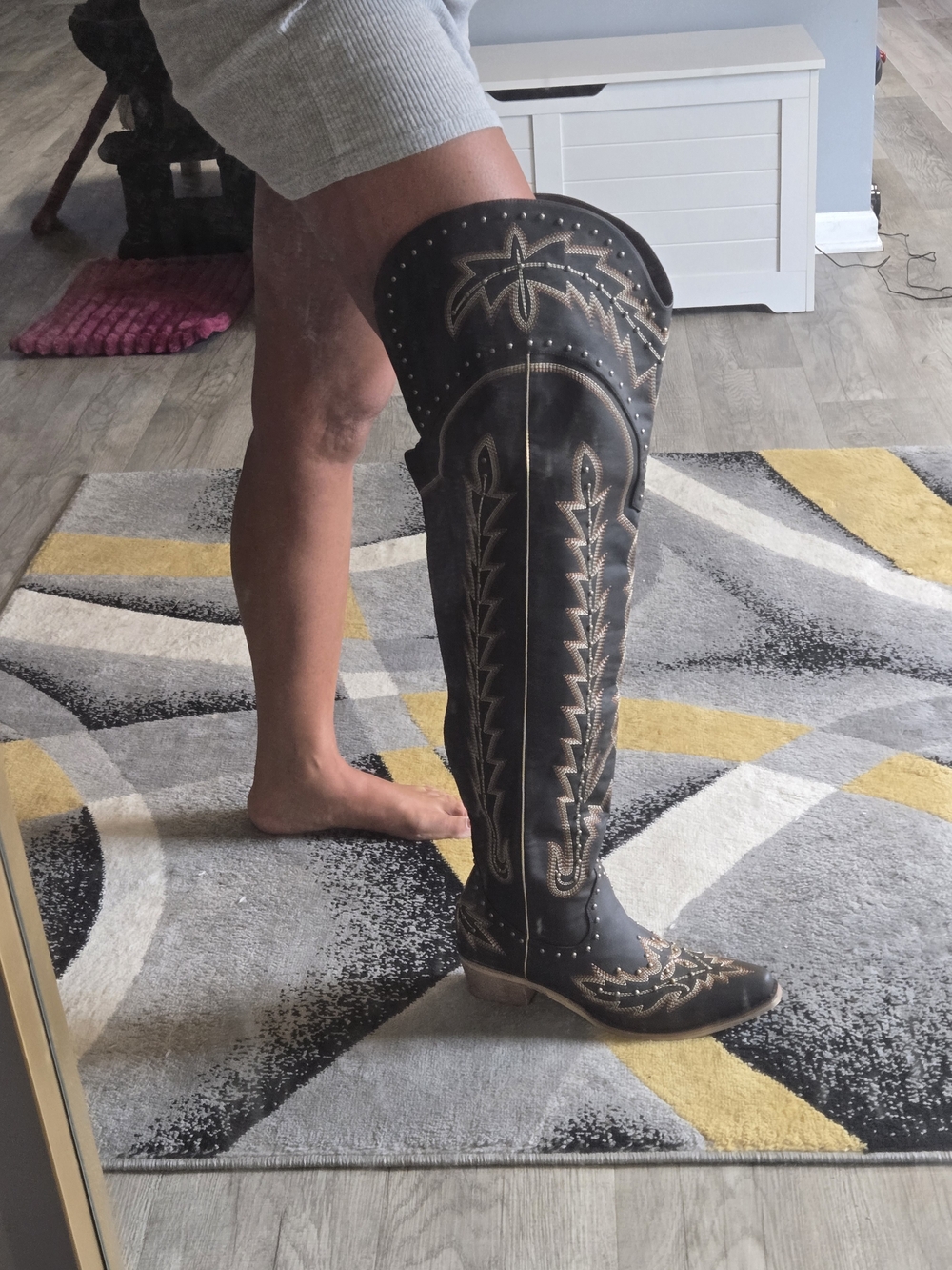 Tall Embroidered Western Knee-High Boots - Black with Tan Stitching